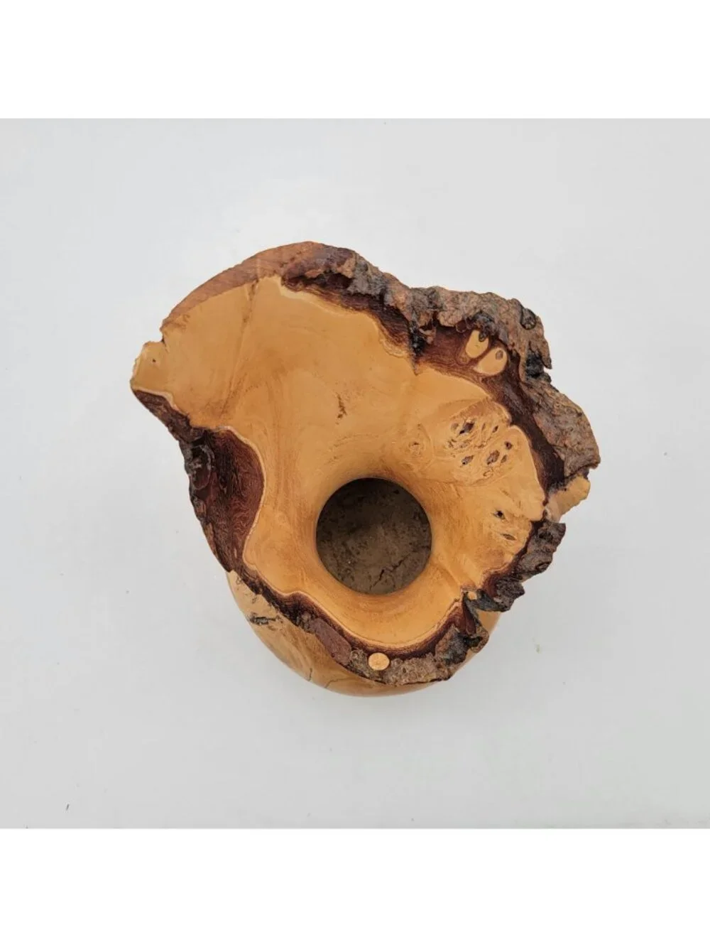 Natural Raw Edge Burl Wood Vase With Turquoise Inlay Handcrafted